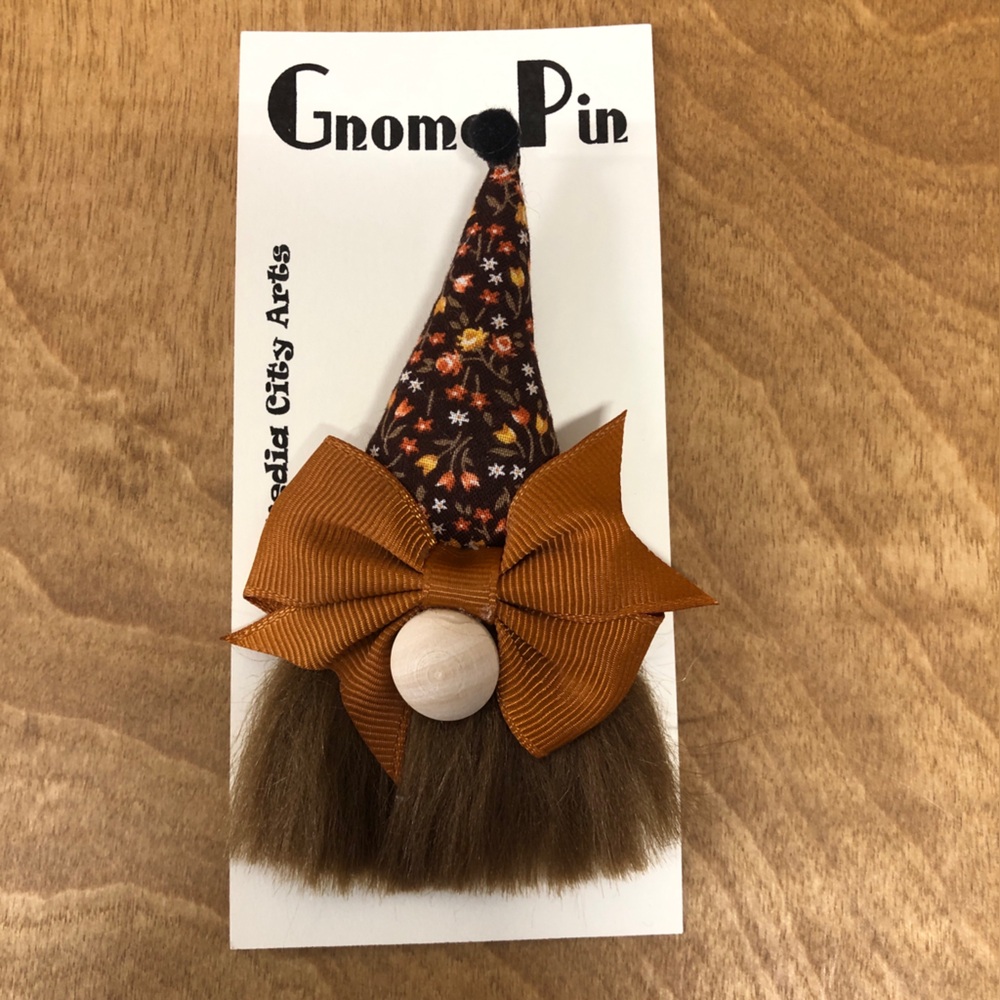 Fall-time Gnome Pin Brooch Handmade Gift Guide Bow Magnetic Flowers Harvest Fun